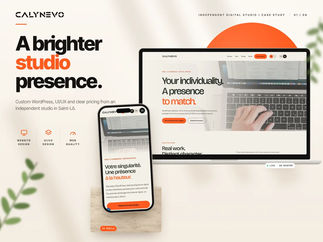 Studio CALYNEVO : site sur ordinateur et mobile