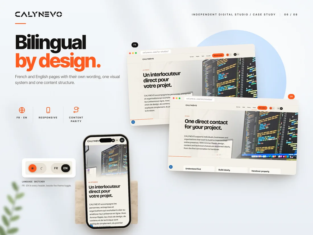 Pages studio en FR et EN, sélecteur de langue et version mobile.