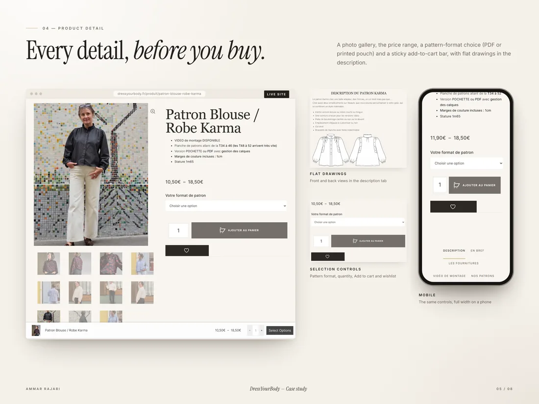 Galerie, format PDF ou pochette, dessins techniques et version mobile.