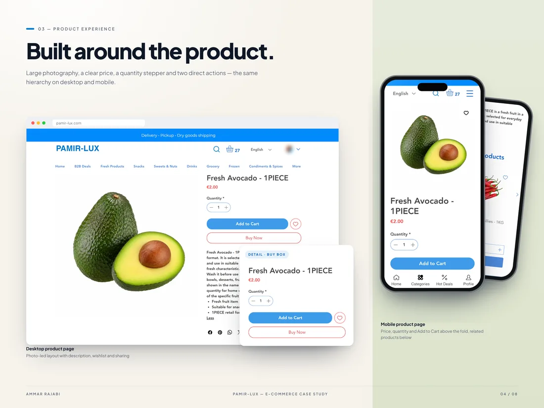 Photo, prix, quantité et ajout au panier, sur ordinateur et mobile.